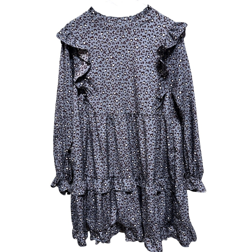 JODIFL Leopard Print Ruffle Tiered Mini‎ Dress Women M Blue Coquette Feminine